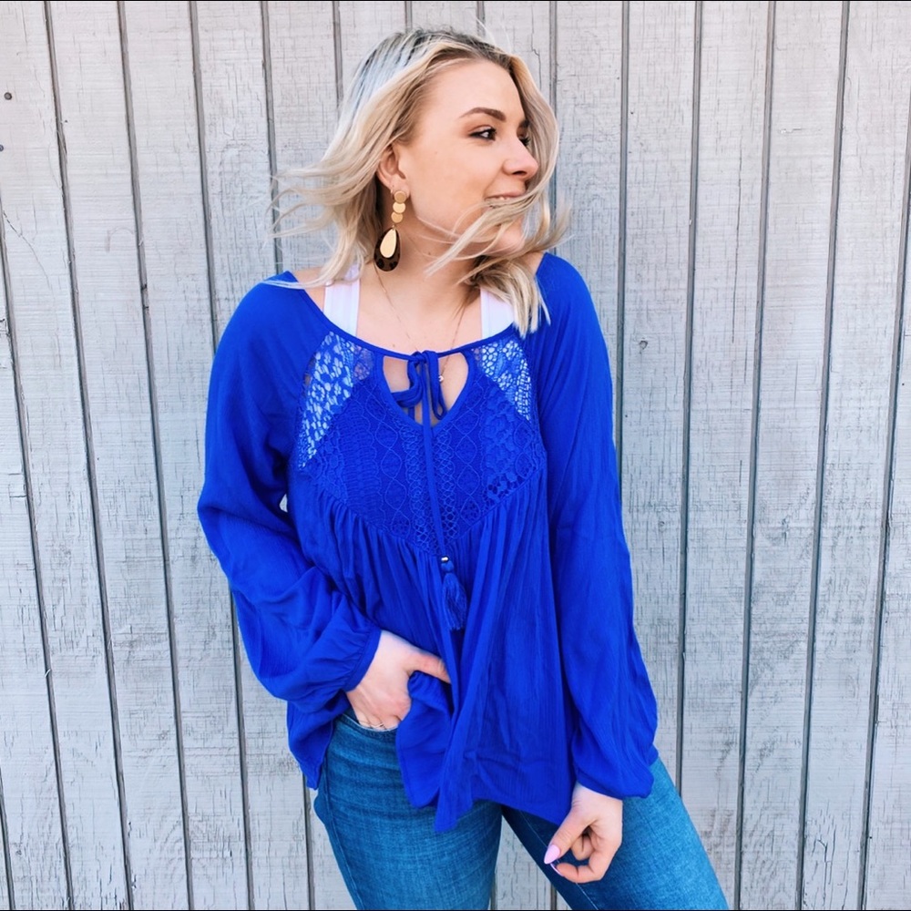 Double Zero Azure Gauze Blouse Blue Lace - Picture 3 of 8